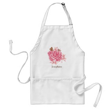 Personalized Vintage Pink Rose Butterfly Floral Adult Apron