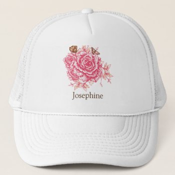 Personalized Vintage Pink Rose Butterfly Floral Trucker Hat by PersonalizationShop at Zazzle