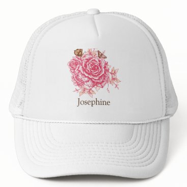 Personalized Vintage Pink Rose Butterfly Floral Trucker Hat
