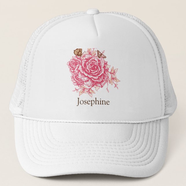 Personalized Vintage Pink Rose Butterfly Floral Trucker Hat (Front)