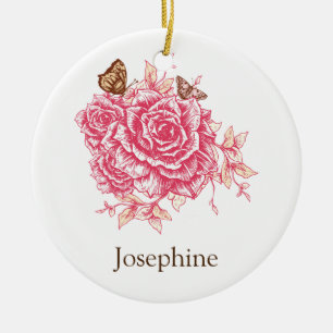 Personalized Vintage Pink Rose Flower Butterf Ceramic Ornament