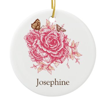 Personalized Vintage Pink Rose Flower Butterf Ceramic Ornament