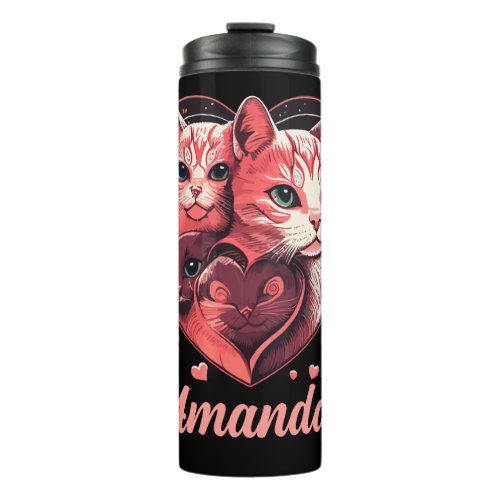 Personalized Vintage Pink Valentines Cats Thermal Tumbler