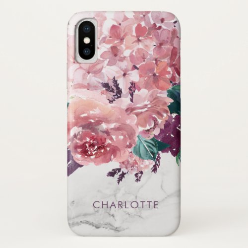 Personalized Vintage Pink Watercolor Floral Marble iPhone XS Case