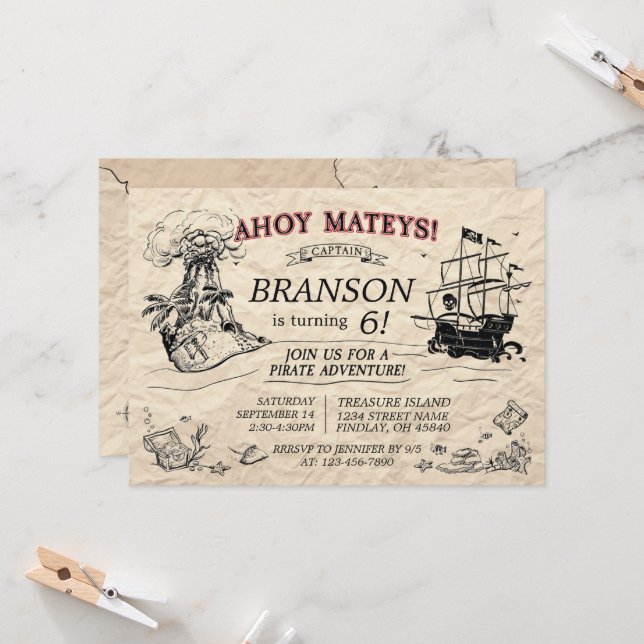 Personalized Vintage Pirate Ship Birthday Invitation (Front/Back In Situ)