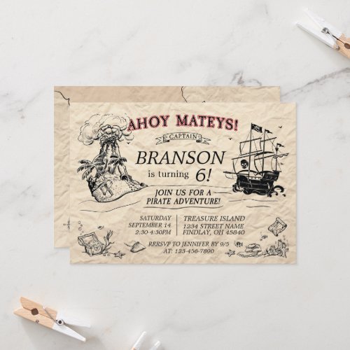 Personalized Vintage Pirate Ship Birthday Invitation