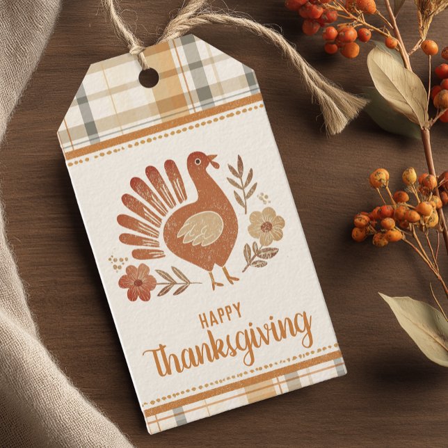 Personalized Vintage Plaid Thanksgiving Gift Tags (Rustic Happy Thanksgiving Favor Tag)