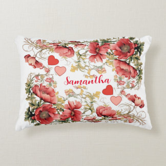 Personalized Vintage Poppy and Hearts Accent Pillow