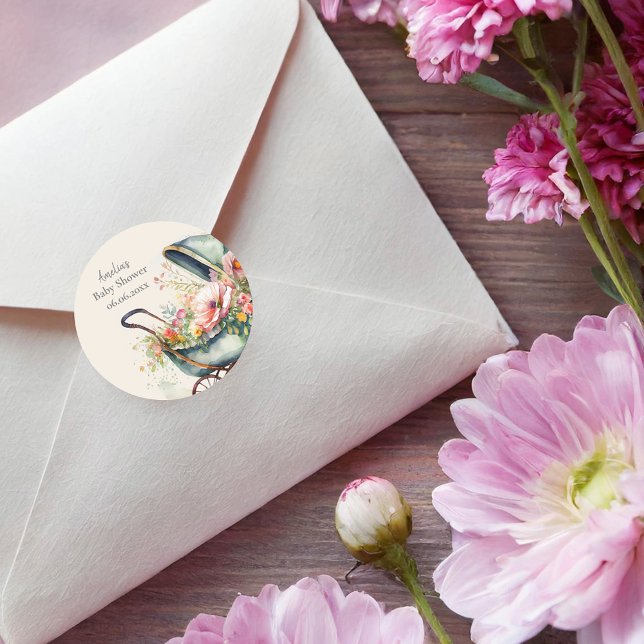 Personalized Vintage Pram Baby Shower Classic Round Sticker (Creator Uploaded)