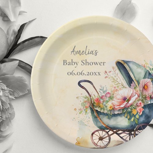 Personalized Vintage Pram Baby Shower Paper Plates