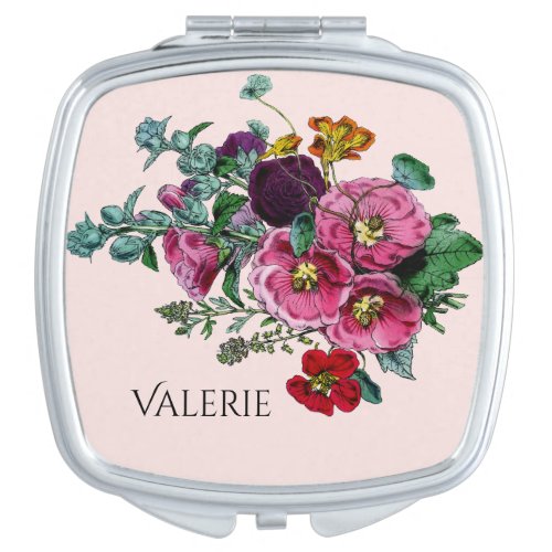 Personalized Vintage Pretty Pink Hollyhocks  Compact Mirror