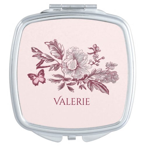 Personalized Vintage Pretty Pink Toile Bouquet Compact Mirror