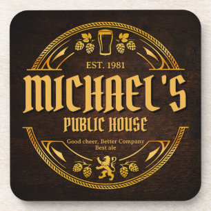 Personalized Vintage Pub Sign Rustic Wood Coaster