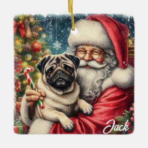 Personalized Vintage Pug with Santa Ceramic Ornament