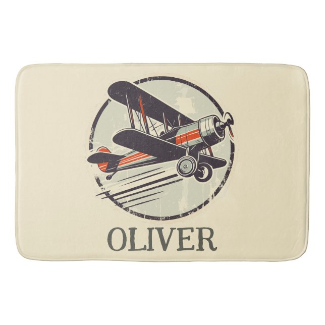  Personalized Vintage Red and Green Biplane  Bath Mat (Front)
