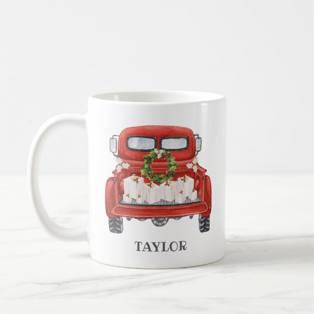 Personalized Vintage Red Truck Christmas Coffee Mug (Left)