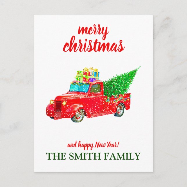 Personalized Vintage Red Truck Christmas Postcard (Front)