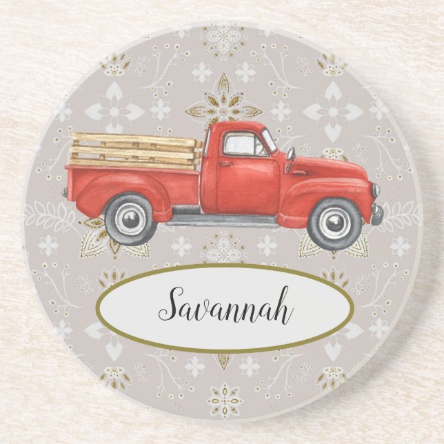 Personalized Vintage Red Truck Country Pattern Coaster (Front)