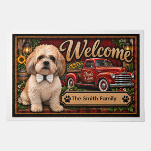 Personalized Vintage Red Truck & Dog Welcome Doorm Doormat