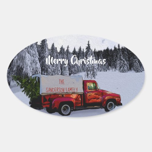Personalized Vintage Red Truck in snow Christmas Oval Sticker