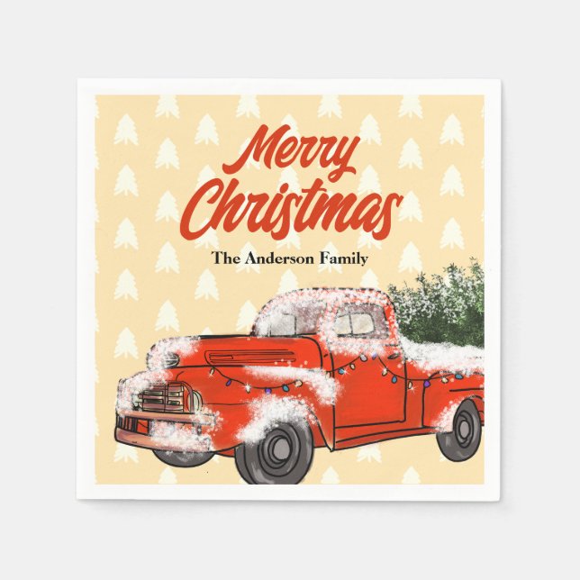 Personalized Vintage Red Truck Merry Christmas Napkins (Front)
