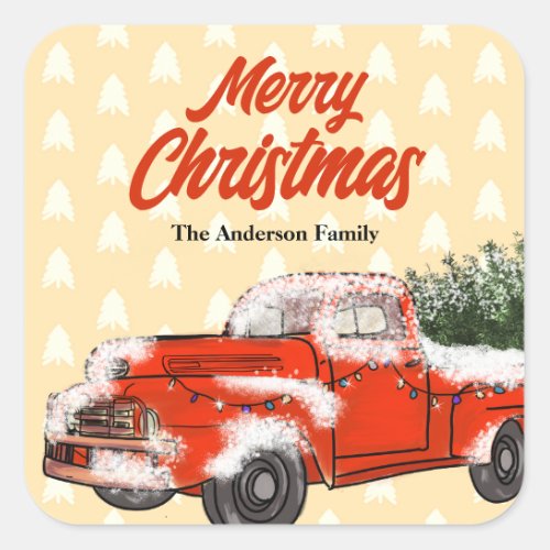 Personalized Vintage Red Truck Merry Christmas Square Sticker