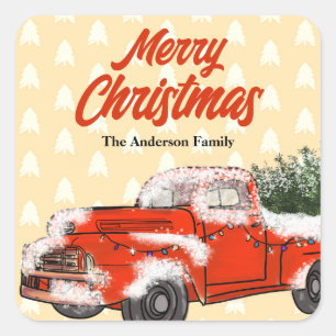 Personalized Vintage Red Truck Merry Christmas Square Sticker