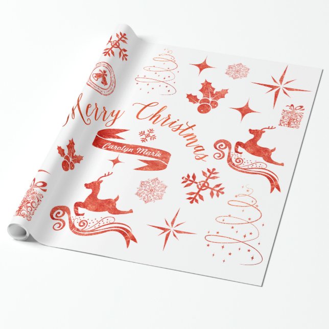 Personalized Vintage Red & White Christmas Wrap Wrapping Paper (Unrolled)