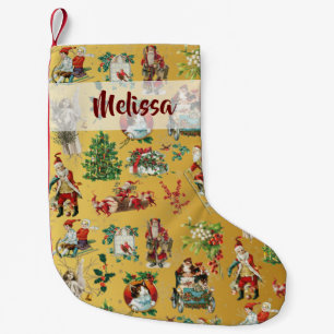Personalized Vintage Retro Holiday Gold Small Christmas Stocking