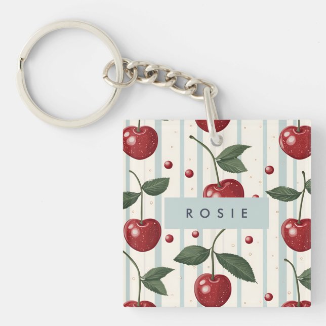Personalized Vintage Retro Red Cherry Pattern Keychain (Front)