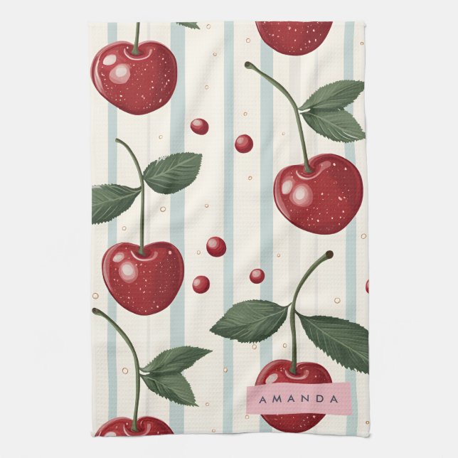 Personalized Vintage Retro Red Cherry Pattern Kitchen Towel (Vertical)