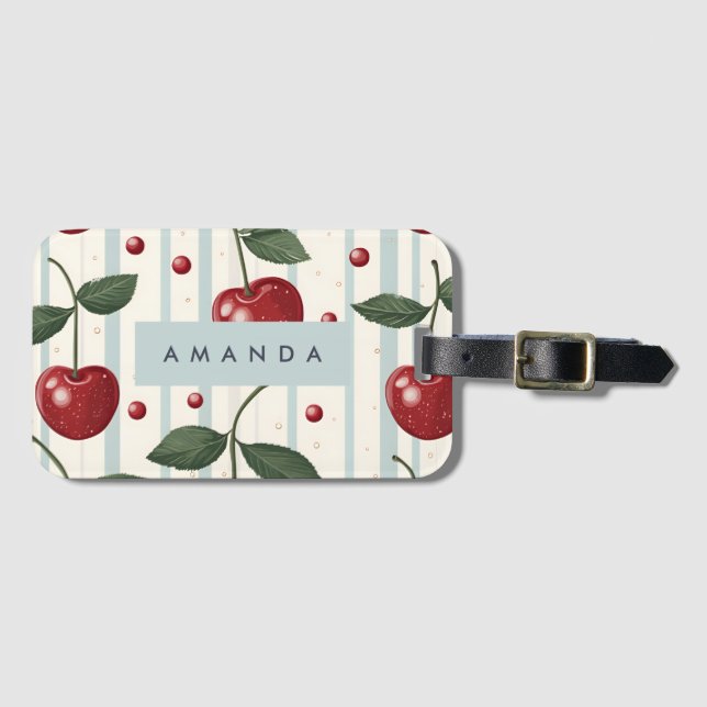 Personalized Vintage Retro Red Cherry Pattern Luggage Tag (Front Horizontal)