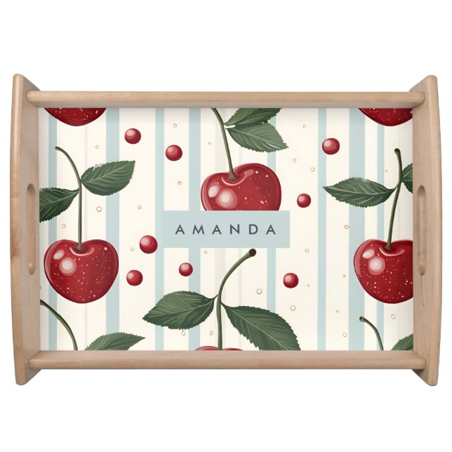 Personalized Vintage Retro Red Cherry Pattern Serving Tray (Front)