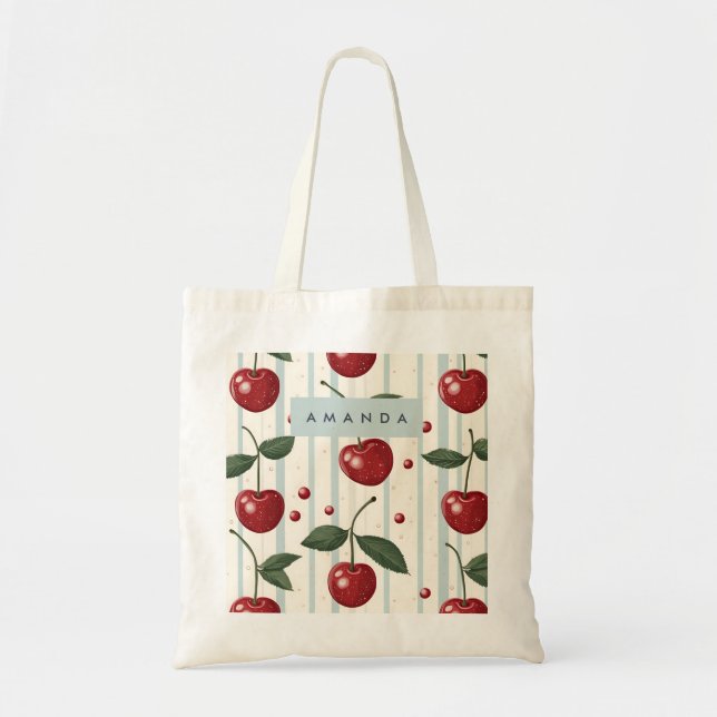 Personalized Vintage Retro Red Cherry Pattern Tote Bag (Front)