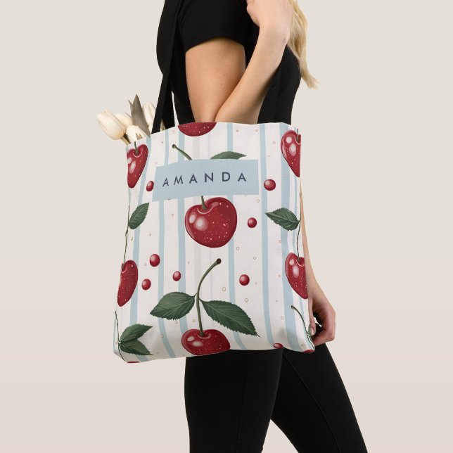 Personalized Vintage Retro Red Cherry Pattern Tote Bag (Close Up)