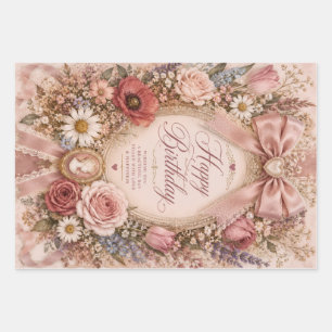 Personalized Vintage Romantic Birthday bow Floral Wrapping Paper Sheets