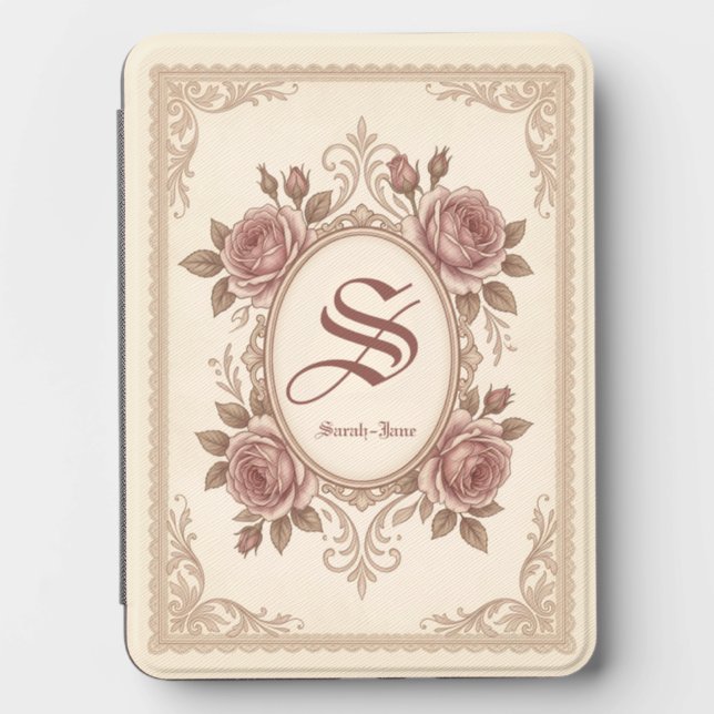 Personalized Vintage Rose Monogram Notebook Kindle Cover (Front)
