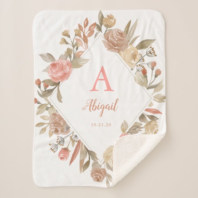Personalized Vintage Roses Wreath Sherpa Blanket (Front)