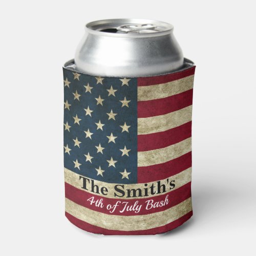 Personalized Vintage Rustic American Flag Can Cooler