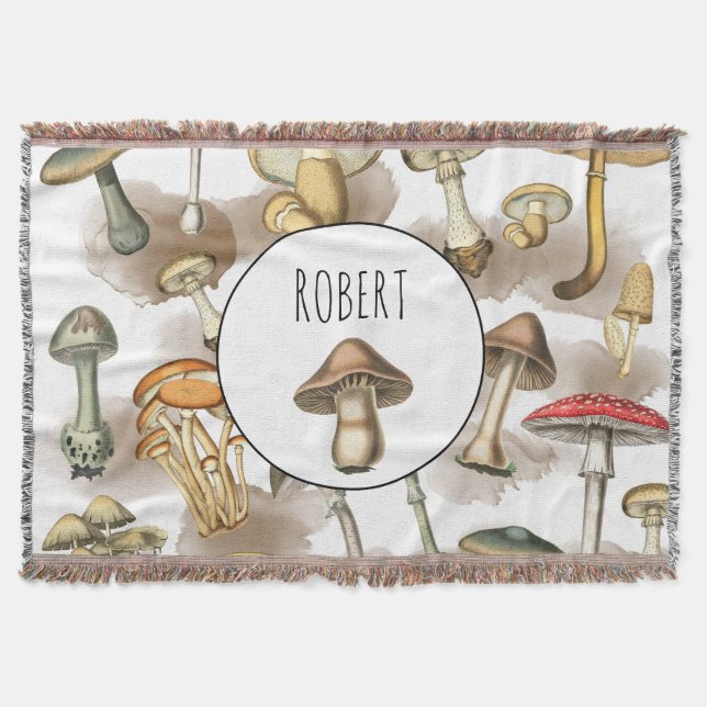 Personalized Vintage Rustic Forest Mushrooms Throw Blanket (Front)