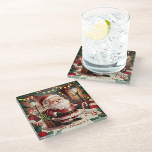 Personalized Vintage Santa Claus Retro Christmas Glass Coaster