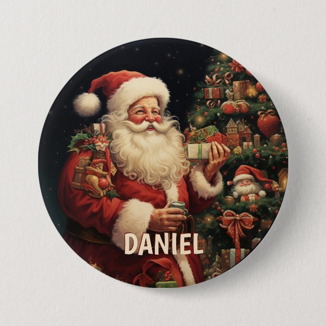 Personalized Vintage Santa Name Button (Front)