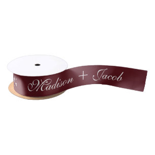 Personalized Vintage Script Burgundy Wedding Favor Satin Ribbon