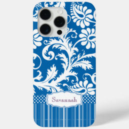 Personalized Vintage Sea Blue Damask and Stripe iPhone 15 Pro Max Case