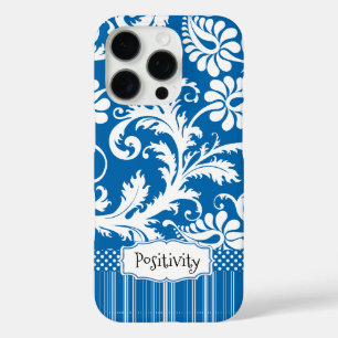 Personalized Vintage Sea Blue Damask and Stripe iPhone 16 Pro Case
