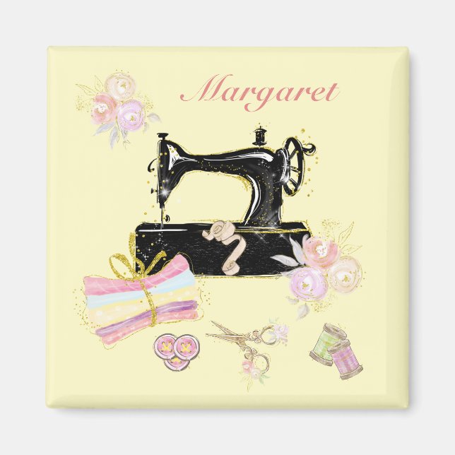 Personalized Vintage Sewing Machine And Fabric Magnet (Front)