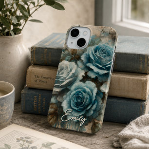 Personalized Vintage Shabby Chic Pastel Blue Rose iPhone 15 Case
