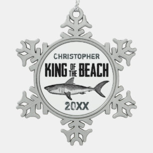 Personalized Vintage Shark Beach King Snowflake Pewter Christmas Ornament