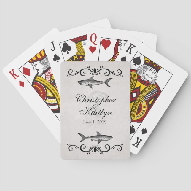 Personalized Vintage Shark Jellyfish Wedding Poker Cards (Back)