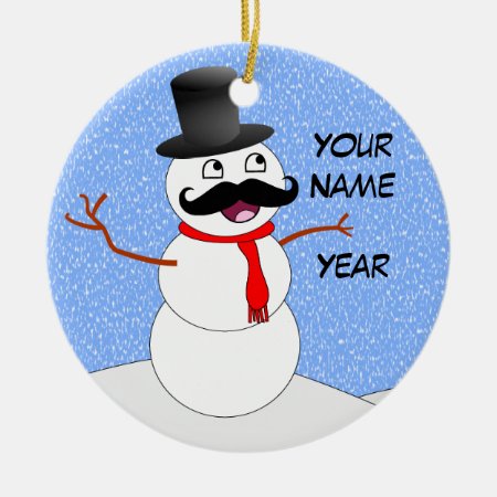 Personalized Vintage Snowman With Mustache Ceramic Ornament